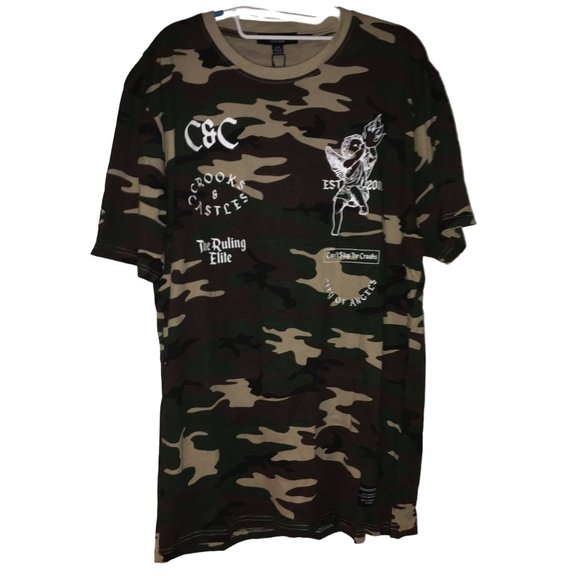 Crooks & Castles Camo with Cherub Mens Large T Shirt NWT - Picture 1 of 7